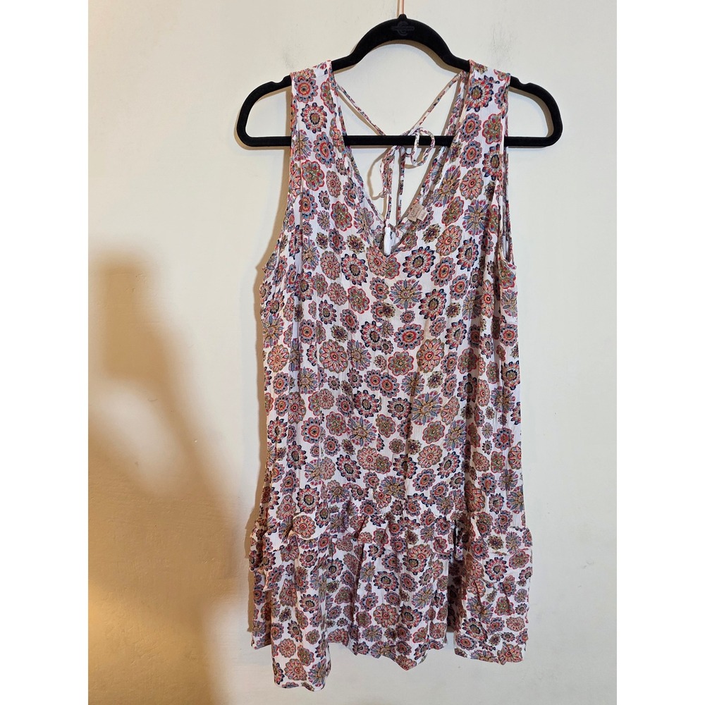 Loft‎ Beach Womens Large Medallion Floral V-Neck Strappy Back Ruffle Dress Multi